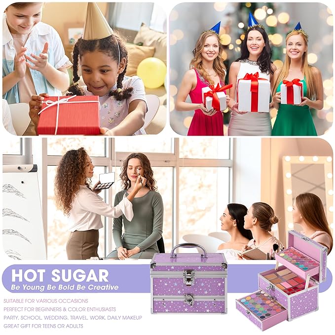 Hot Sugar Makeup Kit for Teens with Train Case, Portable Beginner Makeup Gift Set, Makeup Beauty Kit for Girls (Purple)
