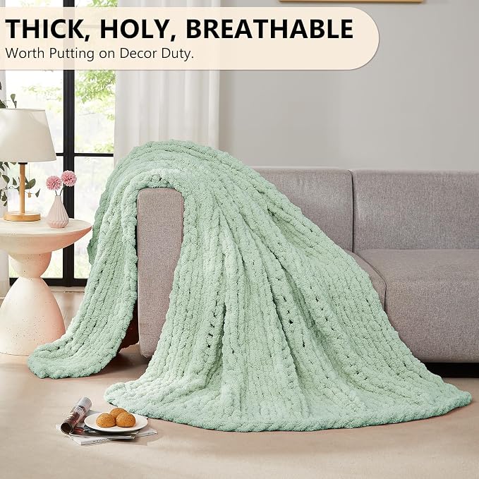 L'AGRATY Chunky Knit Throw Blanket for Couch, 60 x 80 Inches, Milky Green | Handmade Chenille Crochet Blanket for Sofa Bed, Thick Cable Knitted Blankets for Room Home Decor, Birthday Gift for Women Mom