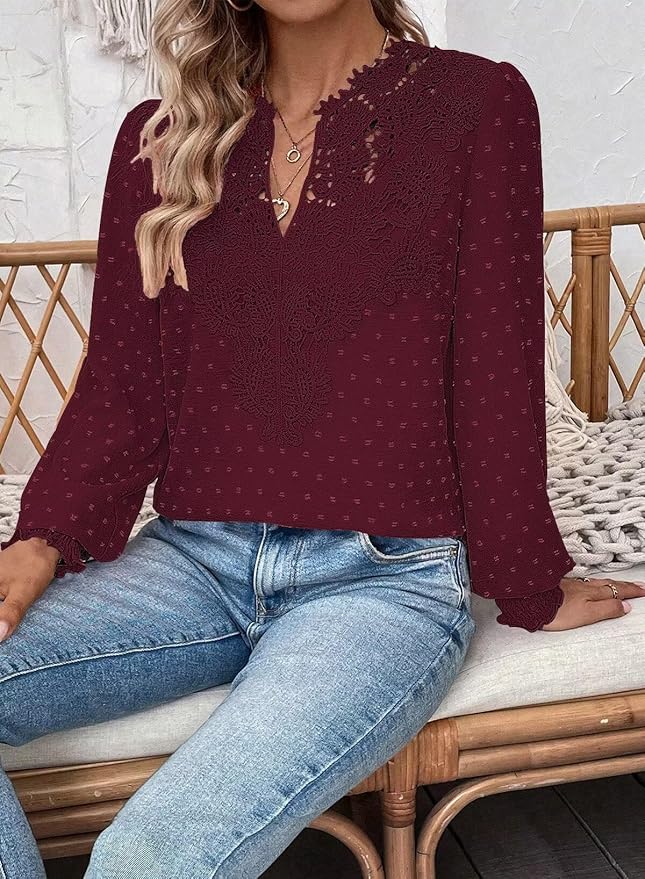 Womens Tops Swiss Dot Boho Long Sleeve Shirts V Neck Casual Chiffon Blouses Flowy Lace Hem Cute Clothing Trendy 2026