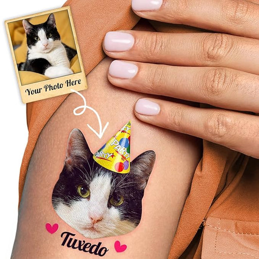 Custom Cat Face Temporary Tattoos - Personalized Pre-Cut Photo Cat Face Tattoos with Birthday Hat and Cat Name or Text - Funny Party Favors for Birthday, Cat Lovers - Set of 20 Unique Gifts