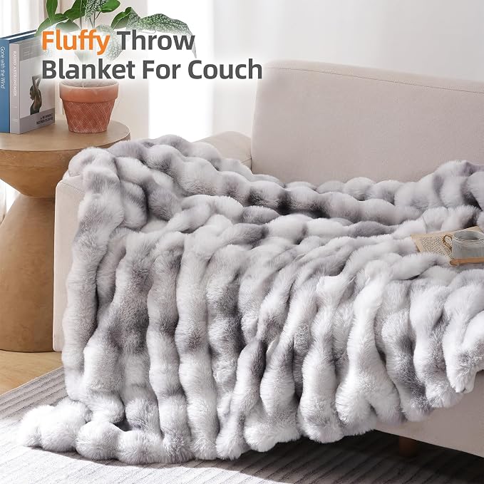 Faux Fur Throw for Couch - Tie-dye Grey Bubble Blanket 50"x60" | Fluffy Plush Fuzzy Throw for Sofa & Bed, Super Soft Cozy Comfrt Blanket, Luxury Aesthetic Grey Decor Gift for Women