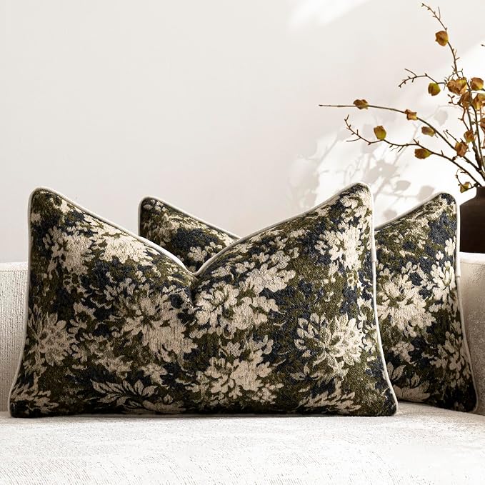 Pack of 2 Vintage Floral Pillow Covers 12x20 Boho Farmhouse Accents Chenille Rectangular Lumbar Decorative Throw Pillow Cases for Living Room Couch Bed Home Decor, Olive Green