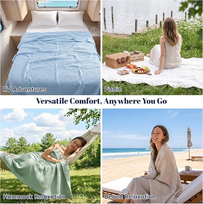 PHF 100% Cotton Waffle Blanket Twin Size, Lightweight Breathable Summer Blanket for Hot Sleepers, Pre-Washed Soft Layer for Bed, Dorm, Couch & Guest Room, Home Decor Gift, 66"x90", Black