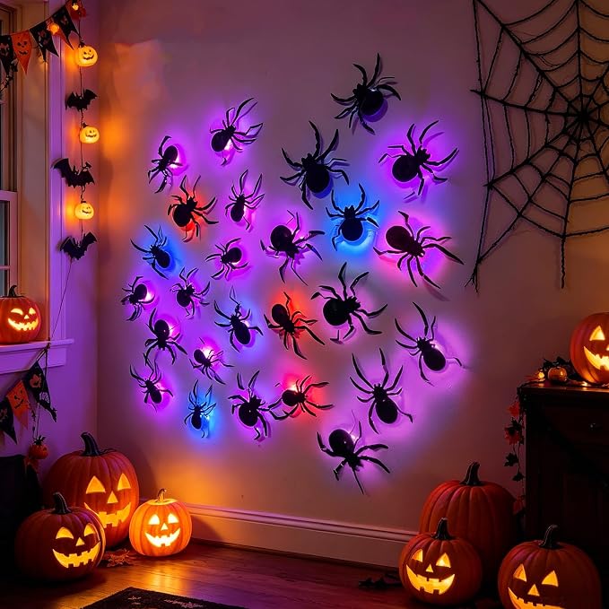 DR.DUDU 36 Pack Halloween Wall Decor Light up Spiders Window Decorations | Multi-Color LEDs, 3D Spider Stickers, Removable Wall Decals, Assorted Sizes, For Indoor Outdoor Bathroom Home Party