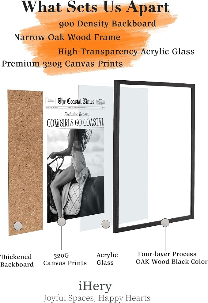 iHery 12x16in Cowgirls Go Coastal Framed Newspaper Wall Art | Premium Black Natural OAK Wood Frame with Canvas Print, Western Horseback Decor for Bedroom, Dorm, Living Room 1Pack