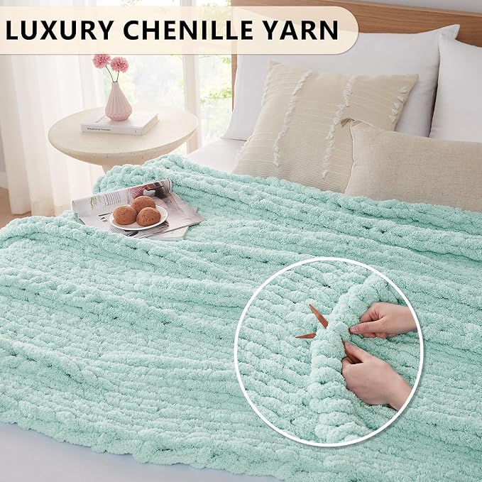 L'AGRATY Chunky Knit Throw Blanket for Couch, 60 x 80 Inches, Mint Green | Handmade Chenille Crochet Blanket for Sofa Bed, Thick Cable Knitted Blankets for Room Home Decor, Birthday Gift for Women Mom