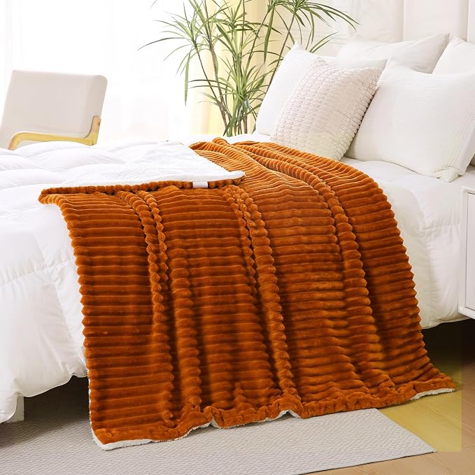 Burnt Orange Sherpa Fleece Throw Blanket 108”×90”for Couch Sofa | Double Side Soft Fuzzy Cozy Plush Thick Flannel Blanket with Striped Design Gift for Adults,Woman