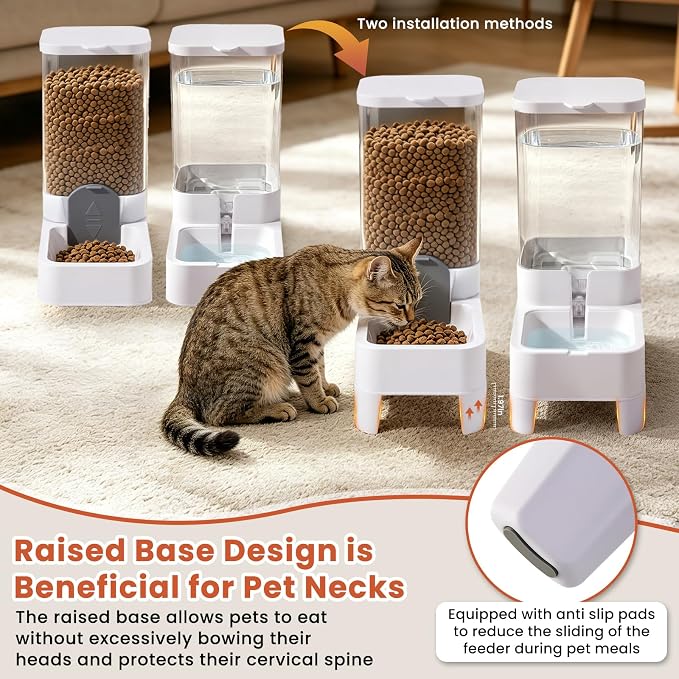Automatic Cat Feeder and Water Dispenser Set, Top Fill Water&Food Gravity Feeder with Bowl,Easy to Hand-Washable,Elevated Base Design,Suitable for Small&Medium Cat and Dog(4L,White)