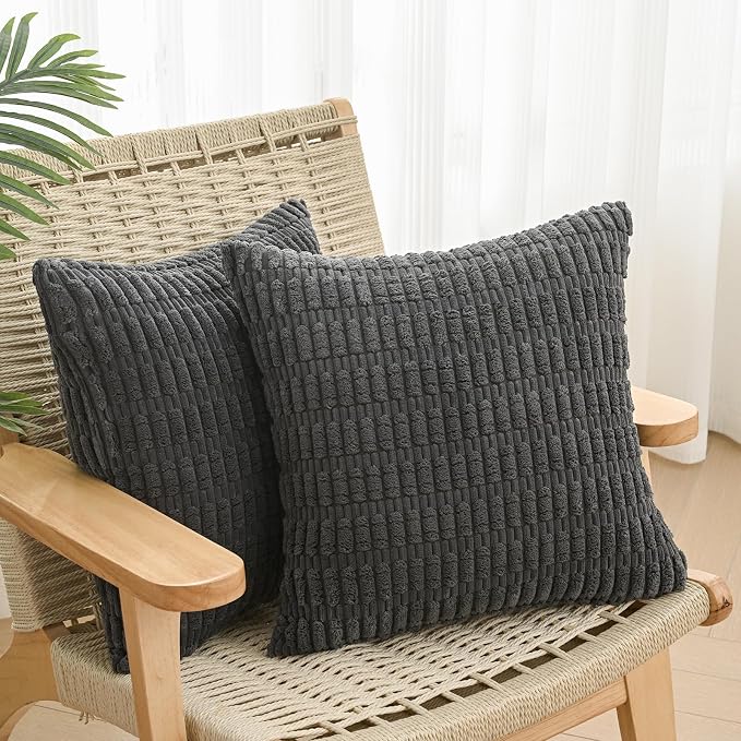 Volcanics Pack of 2 Corduroy Decorative Dark Grey Pillow Covers 18x18 | Soft Striped Square Cushion Cases, Modern Farmhouse Boho Home Decor