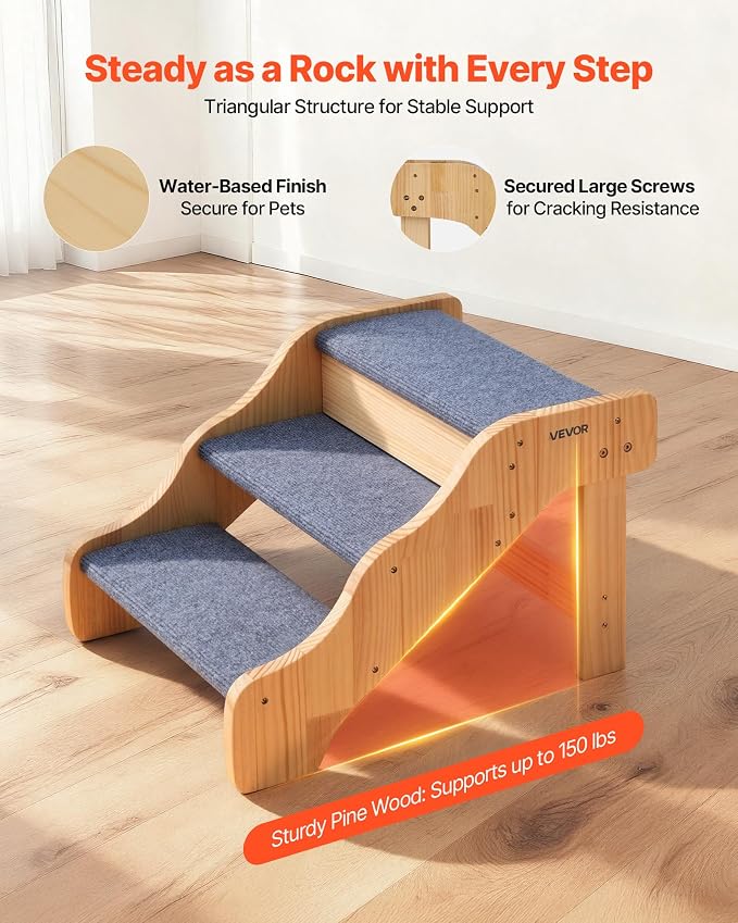 VEVOR Wood Pet Stairs, 3-Step Dog Stairs for High Beds, Sofa & Cars, 150lbs Load Capacity, Non-Slip Surface, Stable Cat & Dog Step Ladder for Small Medium Large Older Pet Puppy Essentials