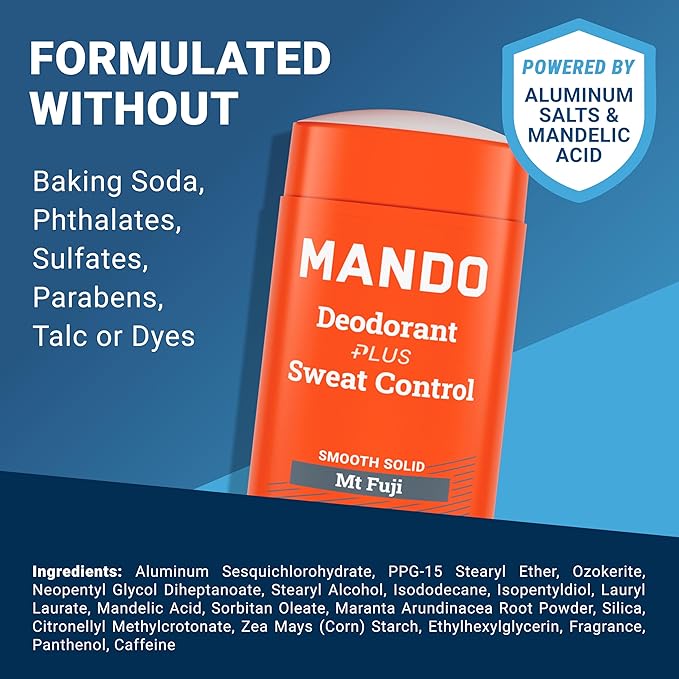 Mando Antiperspirant Deodorant Sweat and Odor Control for Men – Extra Strength Smooth Solid Stick – 72 Hour Performance – Baking Soda Free, Skin Safe – 2.6 oz – Mt Fuji – Pack of 2