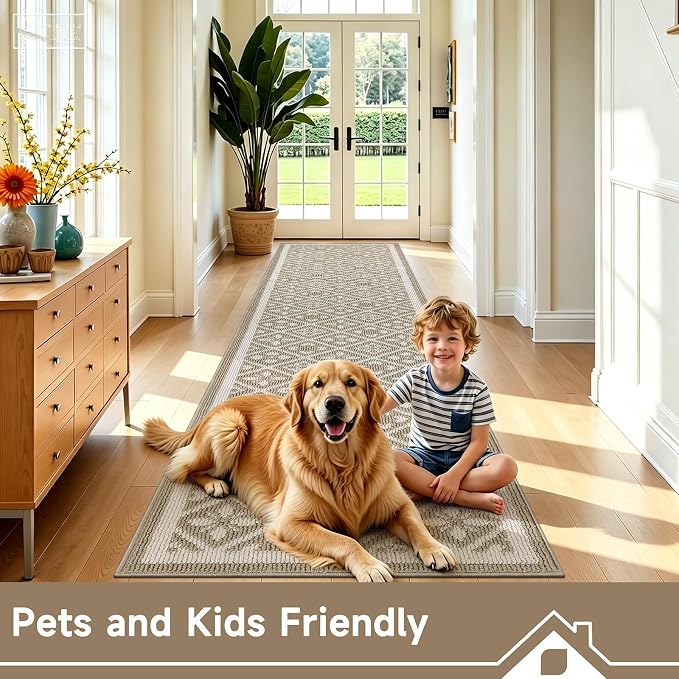 Ileading Hallway Runner Rug 2x6 ft,Washable Indoor Beige Carpet with Non Slip Rubber Backing,Low Pile Durable Kitchen Floor Mat for Laundry Entryway Door & High Traffic Areas