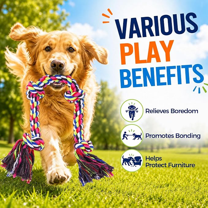 Tough Dog Rope Toys for Aggressive Chewers, Tough Tug of War Dog Toys for Large, Medium & Small Dogs – 5 Pack Including 2 Ropes & 3 Supplies