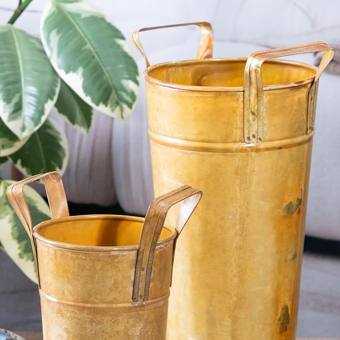 Galvanized Metal Floral Vases with Handles Set of 2 (Marigold)