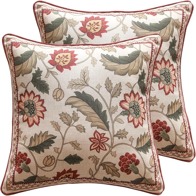 Designer Linen Square Throw Pillow Cover,Set of 2,18"x18"-Ratina A | Vintage French Elegant Pillow Cover,Concealed Zipper Design,Floral Pattern,Sofa,Bedroom,Living Room,Lounge Chairs
