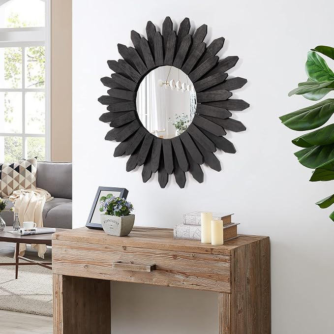 21 inch Black Wall Decor Vintage Mirror, Boho Style, Wooden Frame, Easy to Hang, Ideal Gift