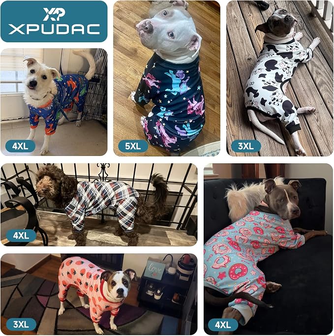 XPUDAC 2 Pack Dog Pajamas for Medium Large Sized Dogs, Soft Stretch Dog Onesie, Lightweight Warm Pet Pjs Outfit Boy Pet Clothes Dinosaur Monkey Print, 8XL