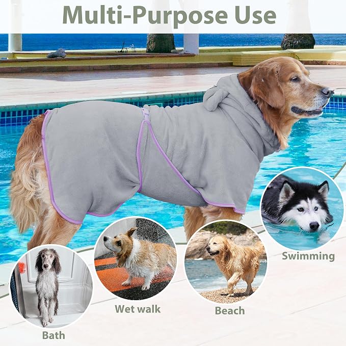 Dog Bathrobe Super Absorbent Towel Robe - Microfiber Bath Towels Fast Drying Coat for Dogs, Cute Dogs Clothes Adjustable Collar & Belly Strap Warm Keeping Hooded Dog Towel (Grey, XX-Large)