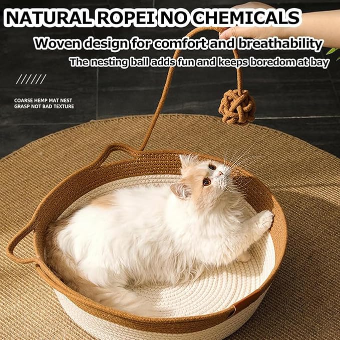 Instinct Basket, Stimuli Handwoven cat Basket Rope Cotton Eliminates Bed Rejection Round Pet Basket, Boho Catbed for Cats Handwoven Scratchable Breathable Weave (Small)