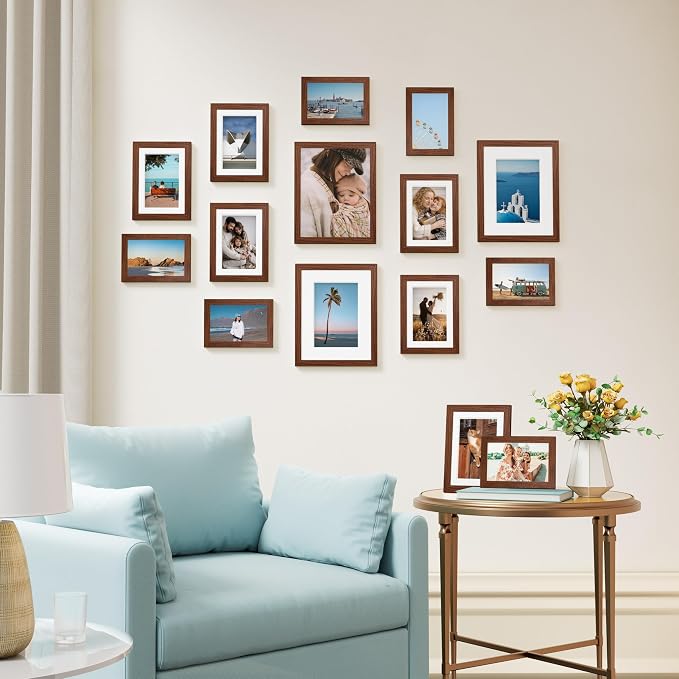 Vittanly 15 Pack Picture Frames Collage Wall Decor, Wall/Tabletop Display | Walnut Brown, Multi-Size Gallery Wall Frame Set: 3pcs 8x10, 6pcs 5x7, 6pcs 4x6. Picture Frame Set for Family