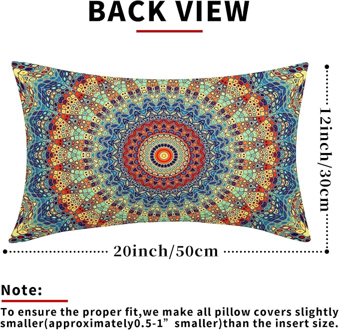 Boho Mandala Floral Lumbar Pillow Covers 12X20 Inch Set of 2 Navy Blue Orange Abstract Flower Decorative Pillow Cases Colorful Retro Ethnic Cushion Case Home Decor for Sofa Couch Porch Outdoor