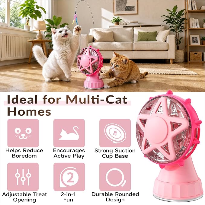 Interactive Cat Ferris Wheel Toy, Rotating Treat Dispenser Puzzle Slow Feeder with Strong Suction Cup, Foraging Anxiety Relief Exercise Toy for Indoor Cats & Kittens (Pink)