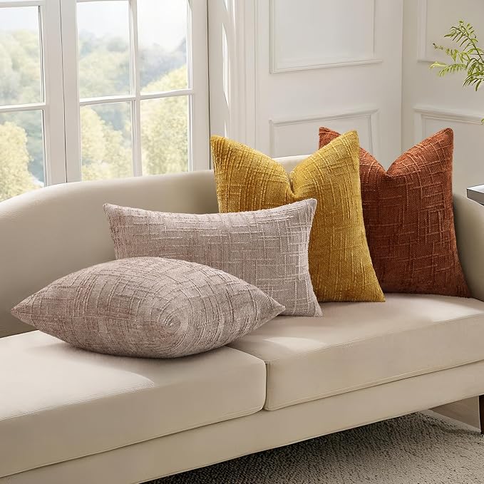 decorUhome Textured Chenille Throw Pillow Covers 12x20 Set of 2 Oatmeal | Fall Modern Farmhouse Soft Cozy Slubby Couch Pillow Cases Boho Decorative Pillow Cases for Bed Sofa Living Room Home Decor