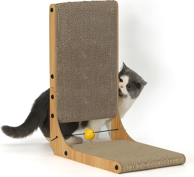 FUKUMARU Cat Scratcher, 18.9 Inch L Shaped Cat Scratch Pad for Indoor Cats | Vertical Cat Scratching Board with Ball Cat Toy, Cardboard Cat Scratcher for Wall Sofa Couch, Kitten Scratching Post