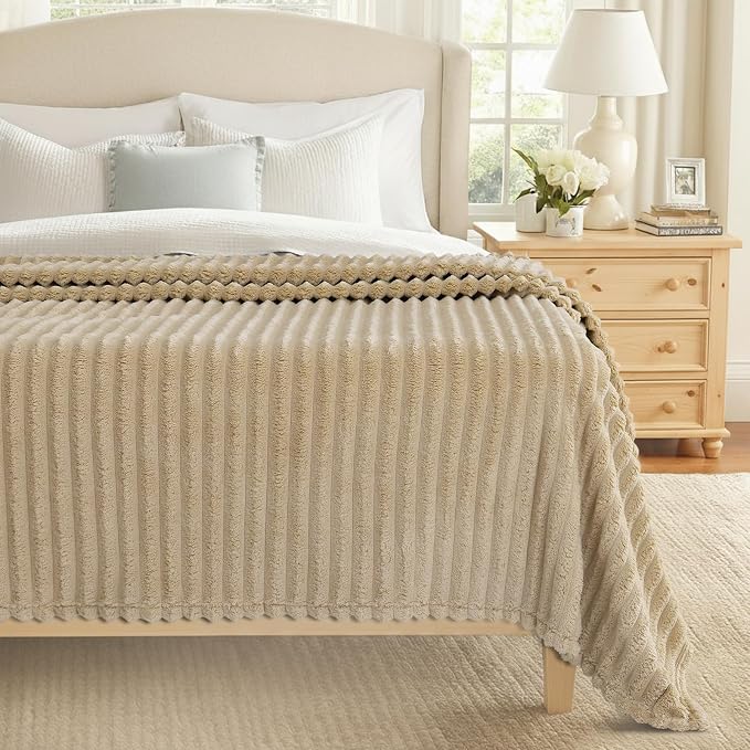 decorUhome Light Brown Fleece Queen Blanket 90x90 Inches | Soft Fleece Bed Cozy Fluffy Plush Flannel Large Striped Throws for Couch Sofa, Decorative Fuzzy Blanket for Woman