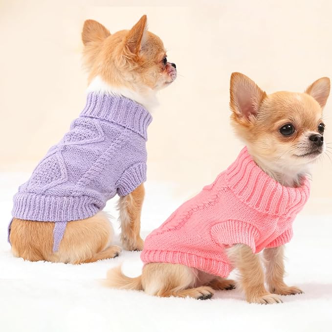 2 Pieces Puppy Sweater Dog Sweater for Small Dogs Winter Warm Dog Knitted Sweater Cute Puppy Clothes for Chihuahua Teacup Yorkie Pet Cat Knitwear Turtleneck Clothes XXS(0.9~2.4lbs)