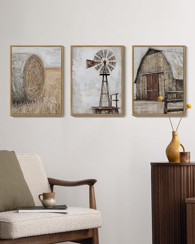 Drsoum Farmhouse Wall Art Vintage Rustic Windmill Barn Cornfield Pictures Framed Painting Landscape Countryside Rural Canvas Artwork Home Decor Ready to Hang 11x14in - Natural Framed