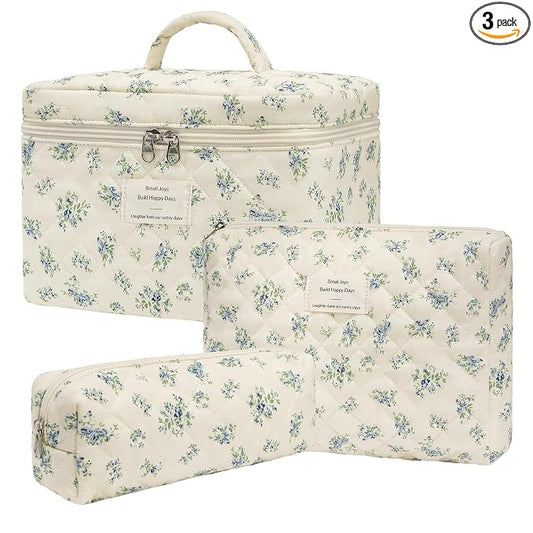 honitty Makeup Bag,Quilted Cosmetic Bags,Large Floral Make Up Organize bag,Makeup Bag Set for Women,Flower Travel Toiletry Bag