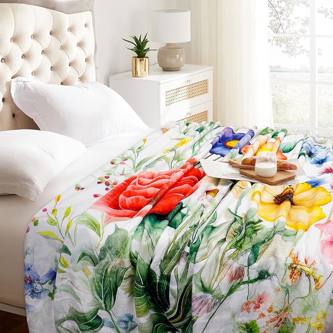 Floral Blanket Vintage Flowers Blankets Butterfly Wildflowers Throw Blanket Soft Cozy Flannel Fleece Throw Blanket Colorful Daisy Plants Bed Blanket for Couch Sofa, 50"×60"