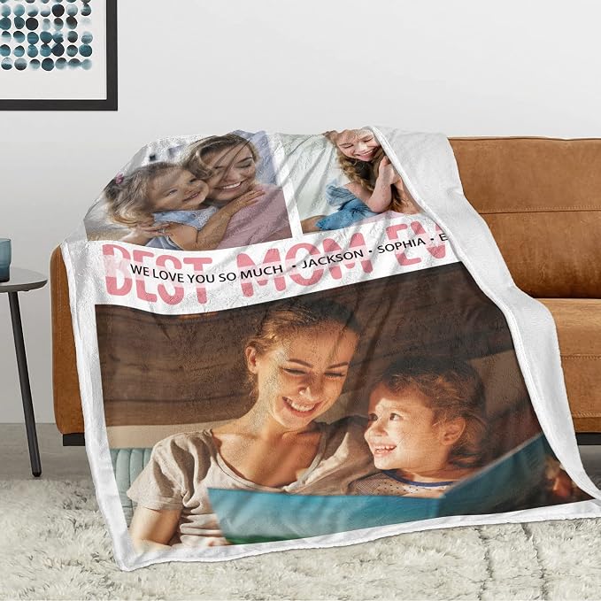 Custom Mom Blanket with Photos, Personalized Best Mom Ever Gifts | Customized Mother's Day Blanket, Personalized Christmas Birthday Gifts for Mom from Daughter