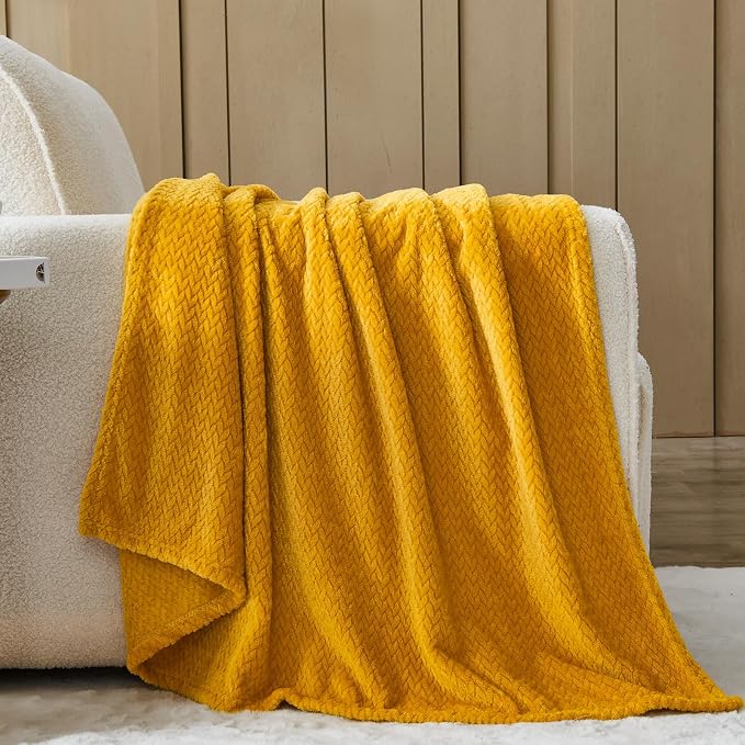 NEWCOSPLAY Fleece Leaves Pattern Twin Blanket, Mustard Yellow, 60"x80" | Super Soft Throw Blanket, Lightweight Cozy Bed Sofa Blanket, Premium Silky Flannel Fleece, Travel Blanket for All Season Use