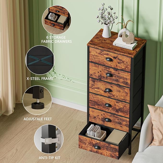 Dresser for Bedroom, 6 Bins Tall Fabric Storage Drawers | Rustic Brown Chest of Drawers , Metal Frame, Wood Top,Tall Nightstand for Dorm,Closet, Bedside Furniture in Living Room