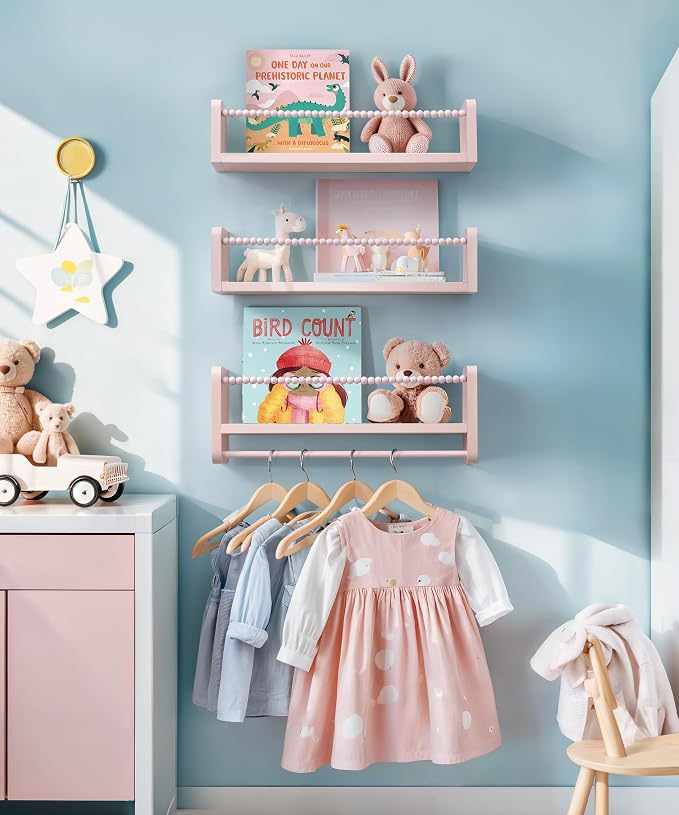 Maxpeuvon Nursery Book Shelves for Wall, Pink Floating Shelves Set of 3 | Natural Wood Nursery Shelves, with Towel Bar, Storage Shelf for Books, Toys and Decor, for Kids Room, Playroom, Bedroom