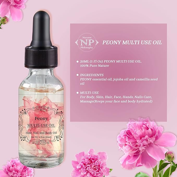 NP NATURES PHILOSOPHY Peony Multi-Use Oil for Face, Body and Hair - Organic Plant Fragrant Essential Oil for Dry Skin, Scalp and Nails - 1 Fl Oz