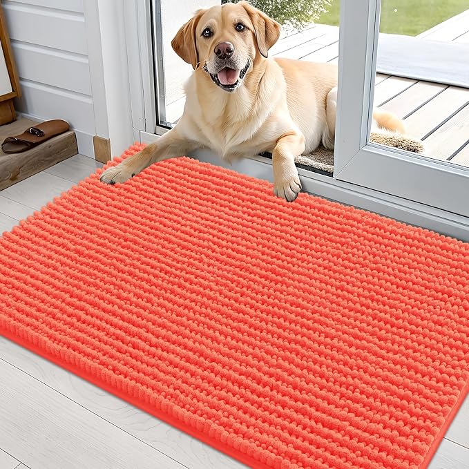 OLANLY Dog Door Mat for Muddy Paws 36x24, Extra Absorbent Chenille Mud Mat | Coral, Absorbs Moisture and Dirt, Non-Slip Machine Washable Doormat, Quick-Drying Indoor Entryway Floor Mat for Dogs