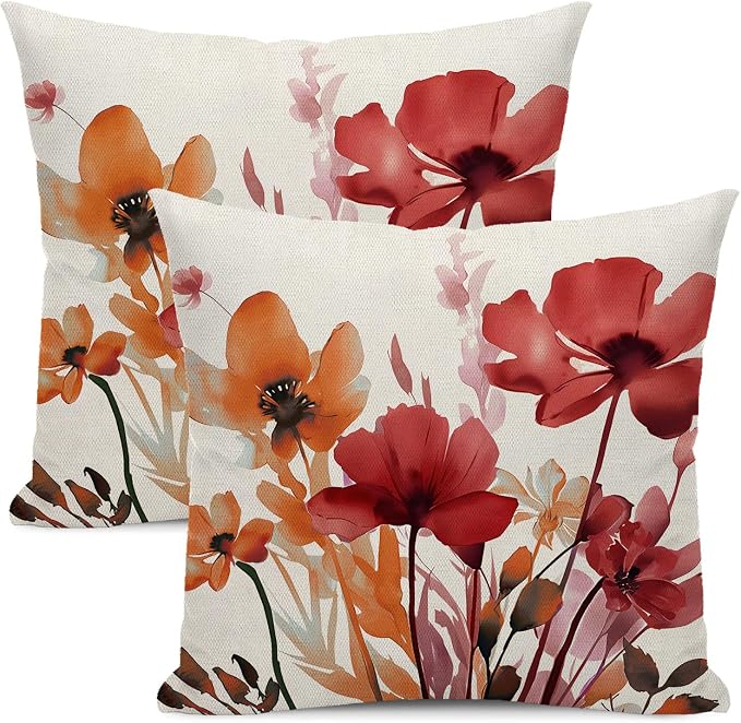 Floral Pillow Covers 18x18 Inches Set of 2 Burgundy Red Orange Floral Throw Pillow Covers Outdoor Rustic Flower Decoration Pillowcase Farmhouse Decorative Cushion Cover for Home Sofa Couch