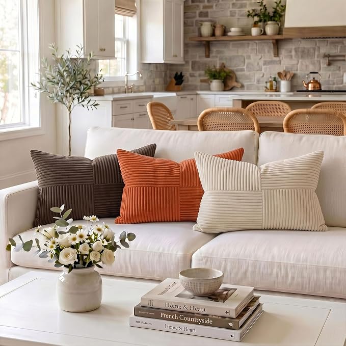 Fancy Homi Burnt Orange Long Lumbar Decorative Throw Pillow Covers 12x24 Inch for Living Room Couch Bed, Boho Farmhouse Fall Home Decor, Soft Corduroy Corss Textured Cushion Case 30x60 cm