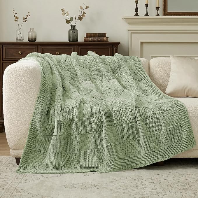 Knit Throw Blanket, Soft Chenille Cozy Breathable Checkered Chunky Decorative Blanket for Couch, Bed & Sofa, French-Inspired Lightweight Warm Gift for Women, Sage Green, 60"x80"