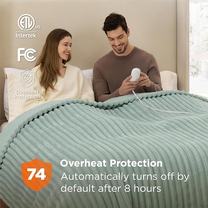 Bedsure Electric Blanket King Size - Thick Striped Flannel Electric Blanket with Dual Control, Heating with 6 Heat Settings & 6 Time Settings, 8 hrs Timer Auto Shut Off (90"x100", Green)