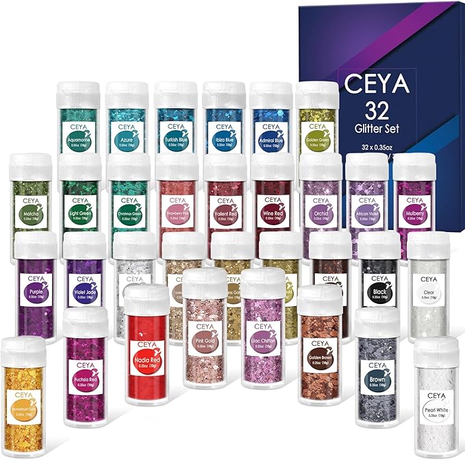 Ceya Chunky Glitter Set 32 Colors, 11.28 oz/ 320g Craft Glitter Powder Mixed Chunky Fine Sparkle Flakes Each 15ml Iridescent Nail Sequins for Epoxy Resin Nail Art Tumbler Slime Festival Decor