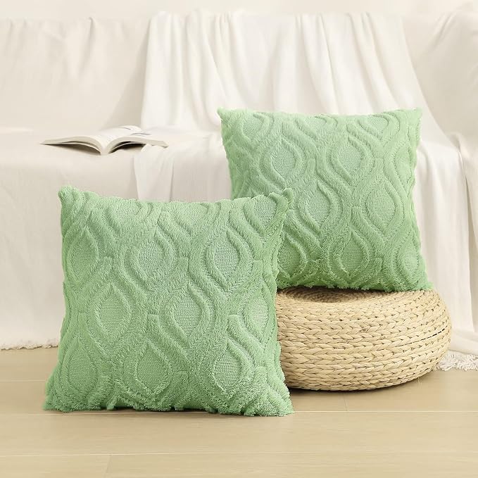 decorUhome Faux Fur Light Sage Green Throw Pillow Covers 24x24 Set of 2 | Plush Solid Fall Couch Pillow Covers, Accent Modern Farmhouse Neutral Decorative Soft Pillow Cases for Sofa Bed Living Room