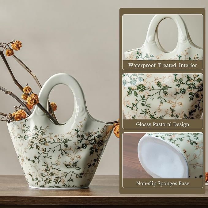 Ceramic Flower Vase for Home Decor, Vintage Green Purse Vase 9 Inch | Rustic Farmhouse Floral Vase for Bookshelf, Living Room, Kitchen, Coffee Table, Mantel, Entryway, Wedding Centerpiece