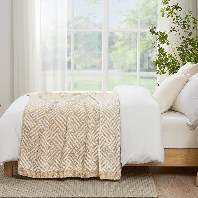 Snuggle Sac Ultra Soft Boho Throw Blanket for Couch Sofa Bed 50x60 inches, Reversible Beige Striped Blanket Microfiber Fluffy Fuzzy Cozy Knit Soft Throws Birthday Gifts for Women