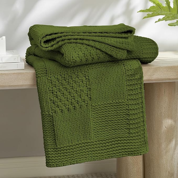 Knit Throw Blanket, Soft Chenille Cozy Breathable Checkered Chunky Decorative Blanket for Couch, Bed & Sofa, French-Inspired Lightweight Warm Gift for Women, Olive Green, 50"x60"