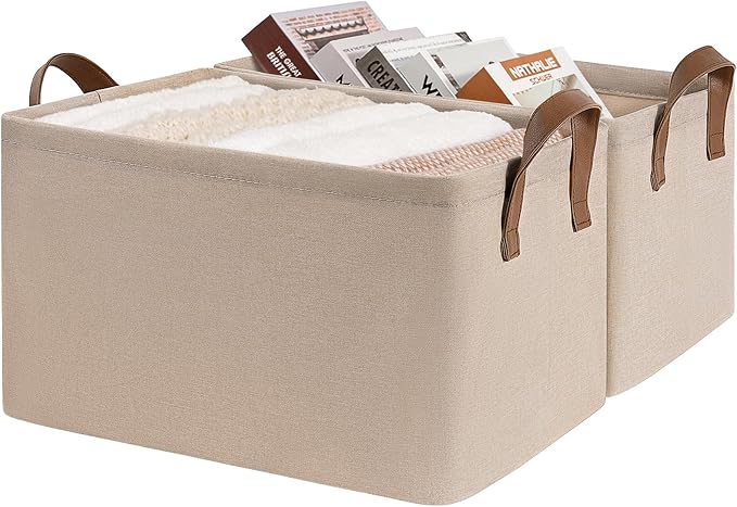 CHICVITA Large Fabric Storage Baskets for Shelves, Handles, 2-Pack, Brown | 30L, 16 ¾" L x 11" W x 9¾" H, Metal Frame, Clothes, Towels, Toys & Books Storage, Closet, Bedroom & Living Room Organization