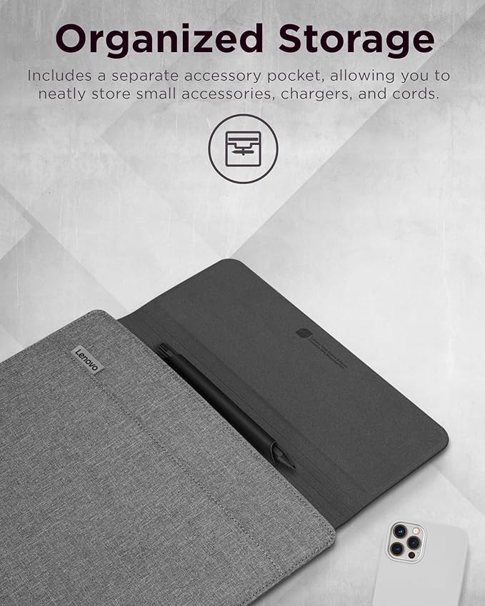 Lenovo Slim Laptop Sleeve 14 Inch Notebook/Tablet - Compatible with MacBook Air/Pro - Eco-Friendly Lightweight Case with Accessory Pocket & Magnetic Closure - Grey